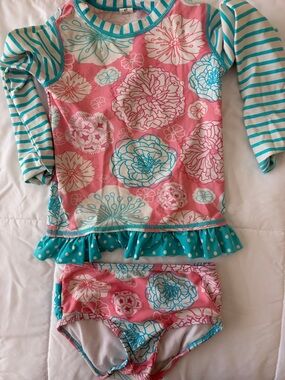 Ruffle Butts Pink and Teal Floral Long Sleeve Girls Swim Set